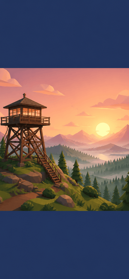 Dawn over the fire watchtower and green hills