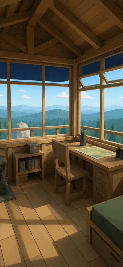 Tower interior with radio and valley view